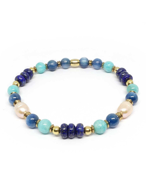 Bracelet extensible en PIERRE NATURELLE semi-précieuse de Lapis lazuli, amazonite, cyanite et perle biwa.
