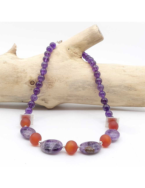 Collier en PIERRE NATURELLE ET VÉRITABLE d’ améthyste et cornaline mate