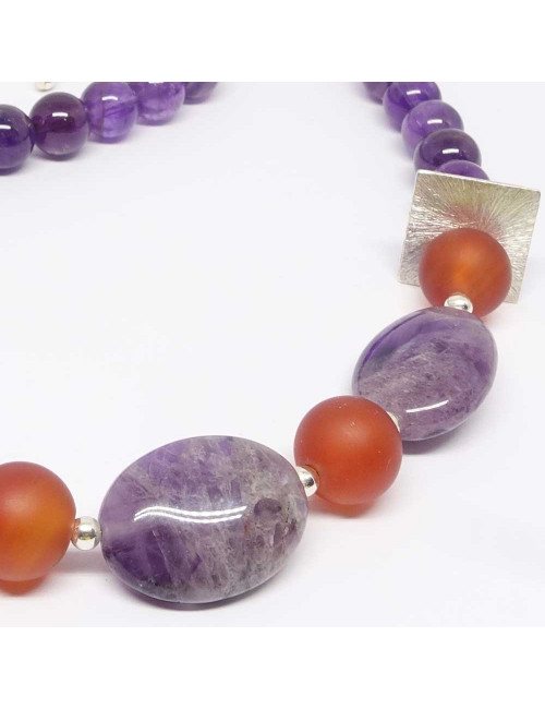Collier en PIERRE NATURELLE ET VÉRITABLE d’ améthyste et cornaline mate
