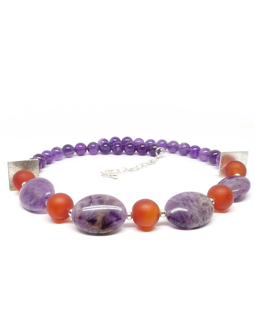 Collier en PIERRE NATURELLE ET VÉRITABLE d’ améthyste et cornaline mate