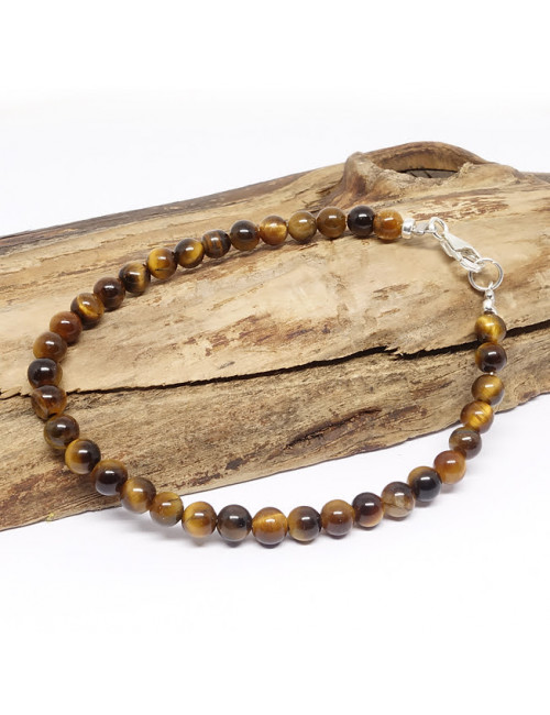 Bracelet fin en PIERRE naturelle de oeil de tigre et argent