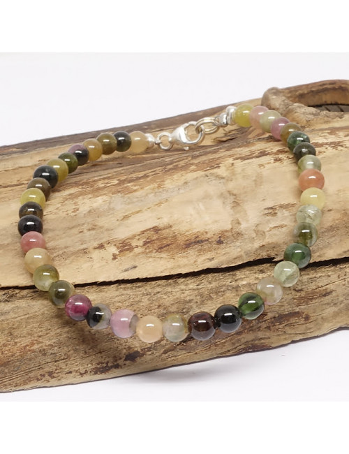 Bracelet fin en PIERRE naturelle Tourmaline melon d’eau et argent