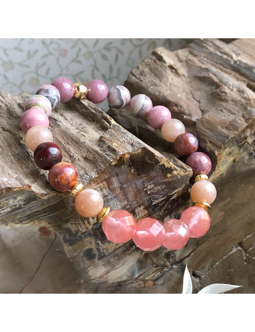 Quartz Cherry, rhodonite, rhodochrosite, pierre de soleil, jaspe bréchique