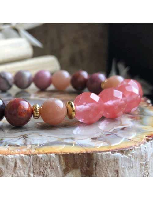 Quartz Cherry, rhodonite, rhodochrosite, pierre de soleil, jaspe bréchique