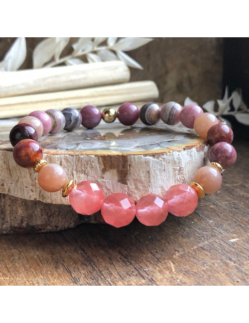 Quartz Cherry, rhodonite, rhodochrosite, pierre de soleil, jaspe bréchique