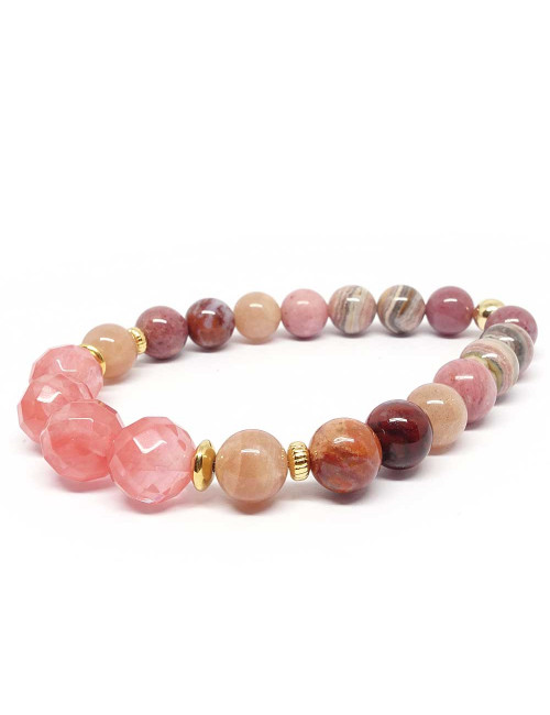 Quartz Cherry, rhodonite, rhodochrosite, pierre de soleil, jaspe bréchique