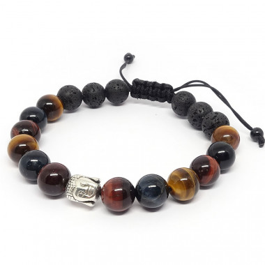 copy of Coller homme pierres 12 mm des 3 oeils (oeil de tigre, oeil de faucon et oeil de taureau) et lave