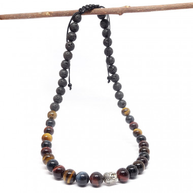 copy of Coller homme pierres 12 mm des 3 oeils (oeil de tigre, oeil de faucon et oeil de taureau) et lave