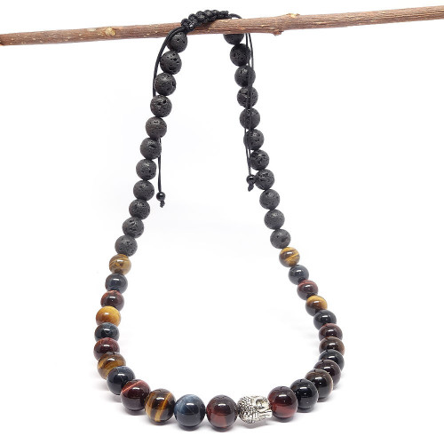 copy of Coller homme pierres 12 mm des 3 oeils (oeil de tigre, oeil de faucon et oeil de taureau) et lave