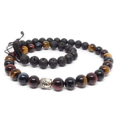 copy of Coller homme pierres 12 mm des 3 oeils (oeil de tigre, oeil de faucon et oeil de taureau) et lave