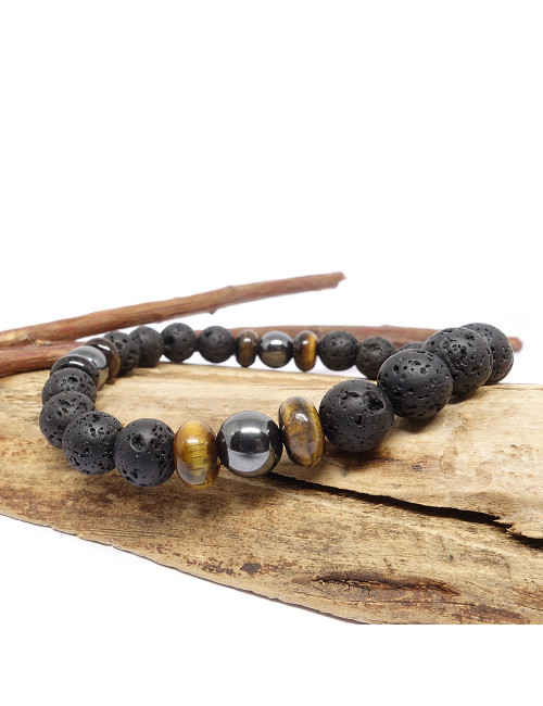 Bracelet bien-être en Pierre de lave, hématite et oeil de tigre.
