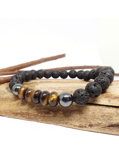 Bracelet bien-être en Pierre de lave, hématite et oeil de tigre.