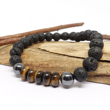 Bracelet bien-être en Pierre de lave, hématite et oeil de tigre.