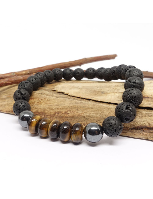 Bracelet bien-être en Pierre de lave, hématite et oeil de tigre.