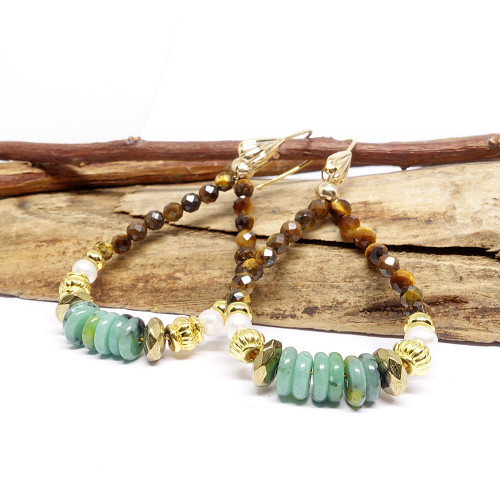 Oeil de tigre facetté, chrysoprase et Biwa, Boucles d’oreilles style créole