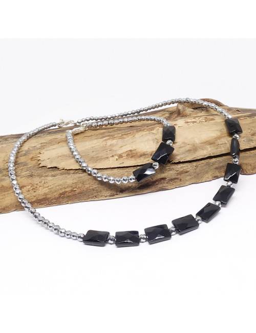 Onyx et hématite argentée facettée