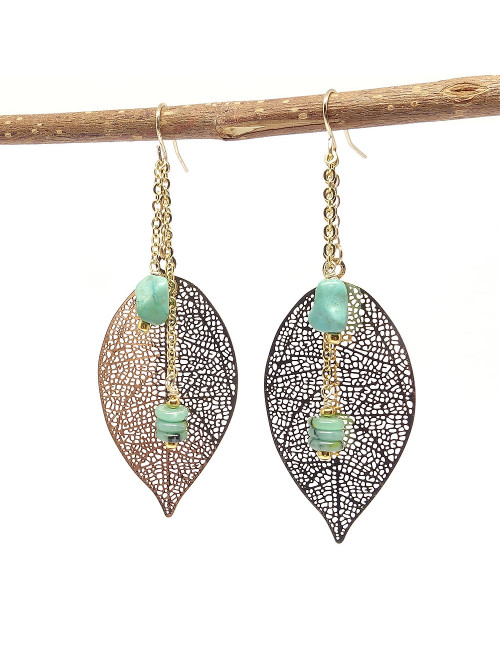 Chrysoprase et turquoise, Boucles d'oreilles pendantes dorées