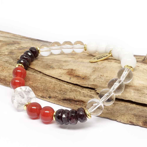Bracelet bien-être en pierre Cristal de roche, cornaline, grenat et pierre de lune