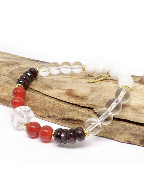 Bracelet bien-être en pierre Cristal de roche, cornaline, grenat et pierre de lune