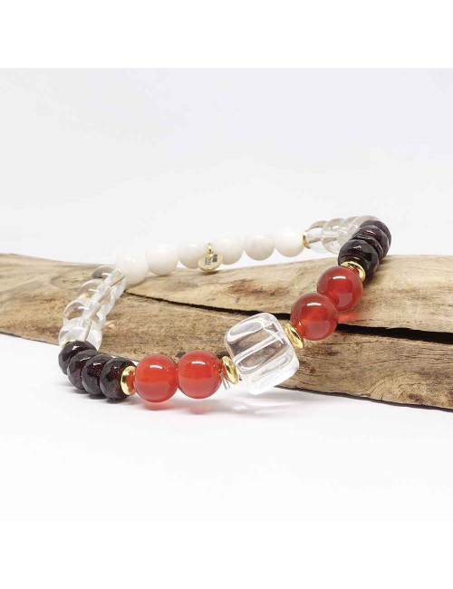 Bracelet bien-être en pierre Cristal de roche, cornaline, grenat et pierre de lune