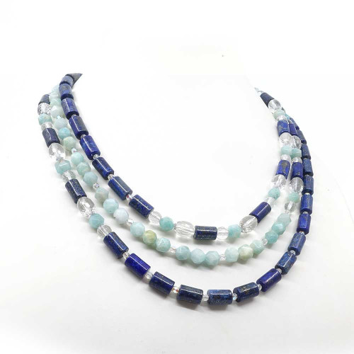 Collier création en pierre lapis lazuli, amazonite et cristal de roche Collier création en pierre lapis lazuli, amazonite et cristal de roche