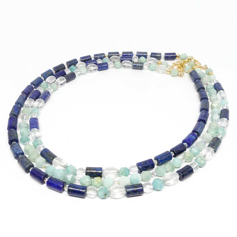 Collier création en pierre lapis lazuli, amazonite et cristal de roche