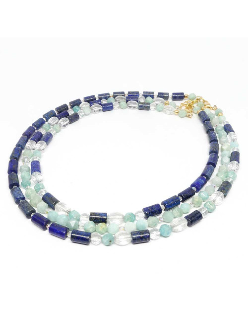 Collier création en pierre lapis lazuli, amazonite et cristal de roche