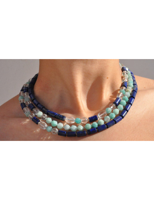 Lapis lazuli, amazonite et cristal de roche, Collier création originale