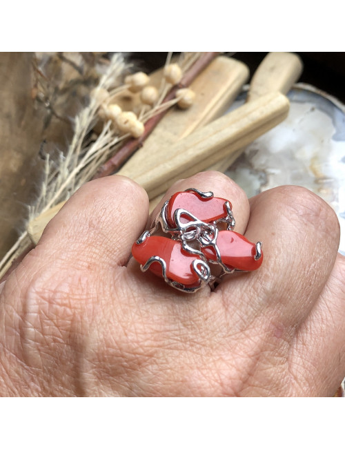 Corail rouge de la Méditerranée, Bague ajustable argent 925