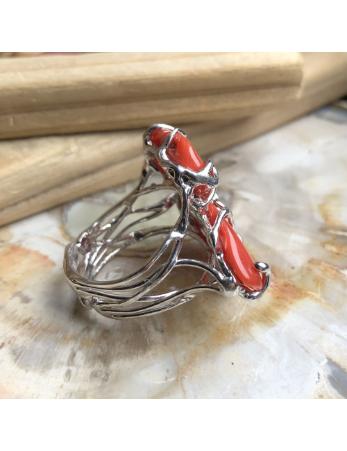 Corail rouge de la Méditerranée, Bague ajustable argent 925