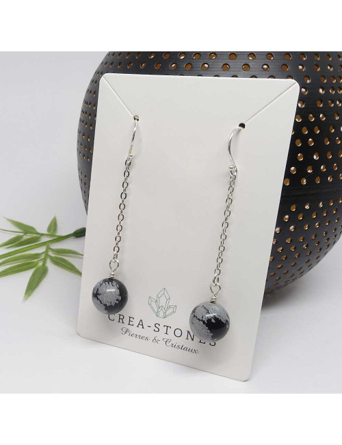 Boucles d'oreilles pendantes en pierre Obsidienne neige