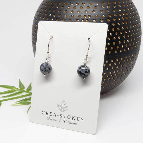 Boucles d'oreilles en pierre obsidienne flocon de neige et argent 925