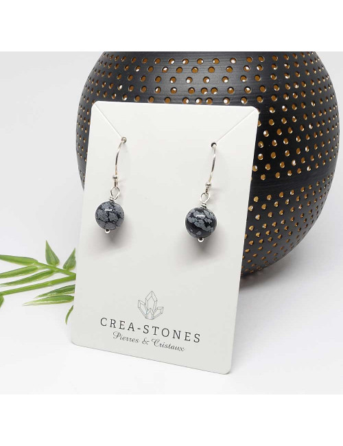 Boucles d'oreilles en pierre obsidienne flocon de neige et argent 925