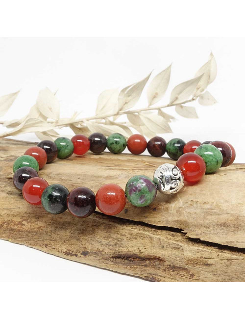 bracelet bien-être en pierre Grenat, cornaline, jaspe rouge, oeil de taureau et zoisite