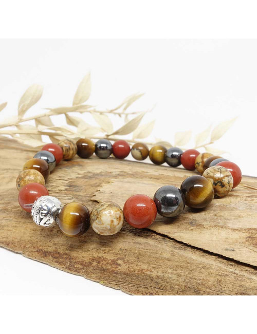 Bracelet bien-être en pierre Jaspe paysage, œil de tigre, jaspe rouge et hématite