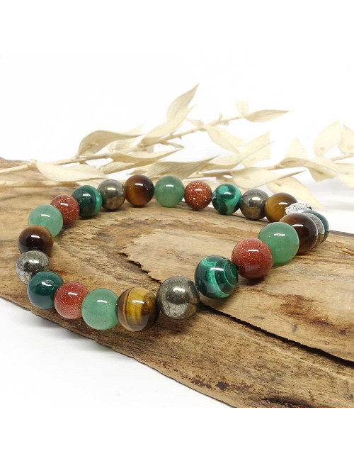 Bracelet bien-être en pierre Oeil de tigre, aventurine, Goldstone, malachite et pyrite