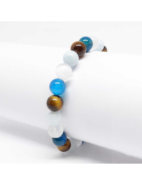 Bracelet bien-être en 
 pierre Aigue-marine, agate bleue, oeil de Tigre et sélénite