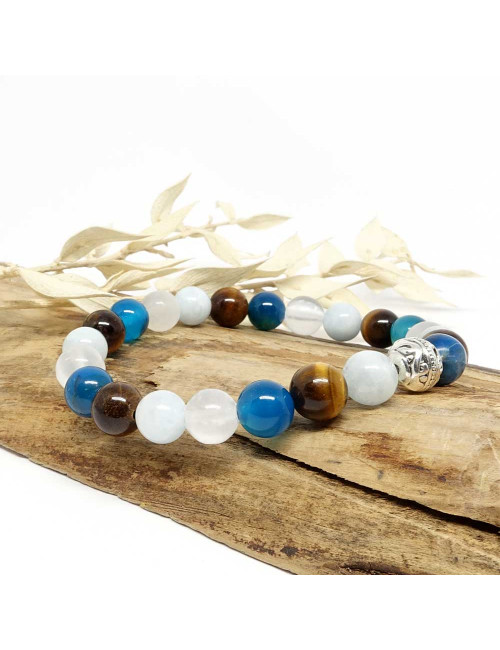 Bracelet bien-être en 
 pierre Aigue-marine, agate bleue, oeil de Tigre et sélénite