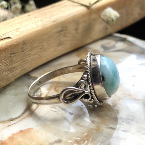 Bague Larimar T54 En Argent 925 – Pierre Naturelle Bleue, Style Ancien