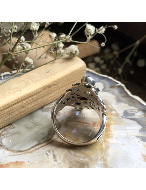Bague argent 925 avec pierres taillées de grenat, citrine, améthyste, péridot et topaze
