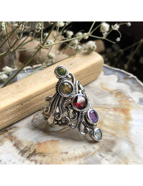 Bague argent 925 avec pierres taillées de grenat, citrine, améthyste, péridot et topaze