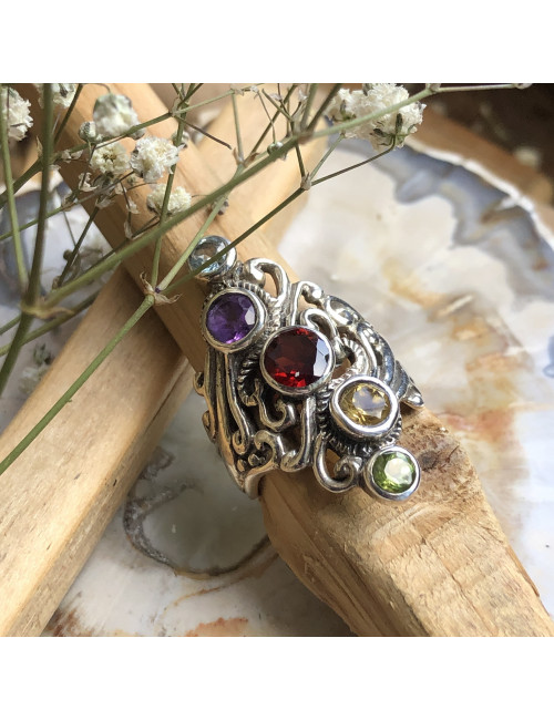 Bague argent 925 avec pierres taillées de grenat, citrine, améthyste, péridot et topaze