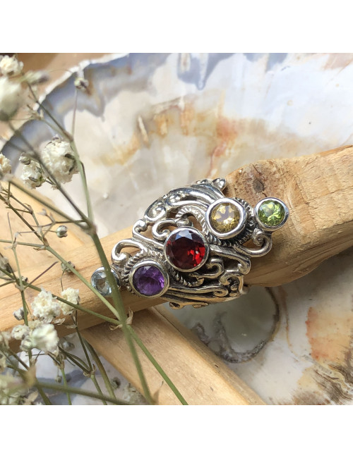 Bague argent 925 avec pierres taillées de grenat, citrine, améthyste, péridot et topaze