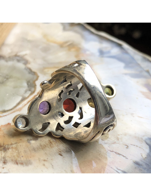 Bague argent 925 avec pierres taillées de grenat, citrine, améthyste, péridot et topaze