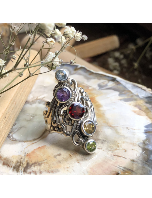 Bague argent 925 avec pierres taillées de grenat, citrine, améthyste, péridot et topaze