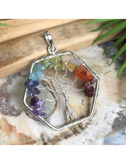 Pendentif arbre de vie pierres des 7 chakras