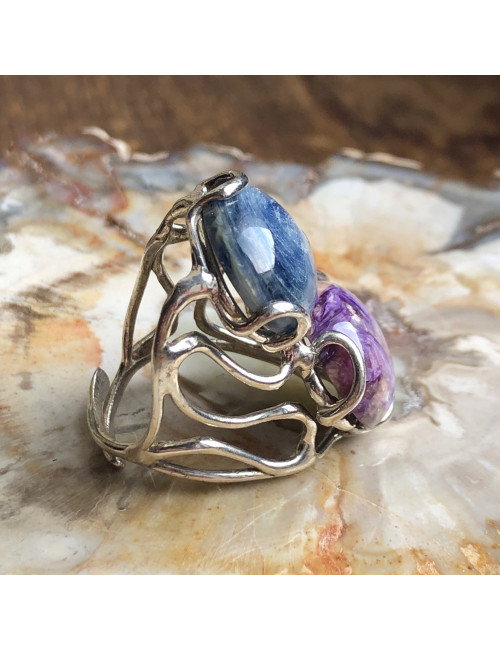 Bague ajustable argent 925 et pierre cyanite et charoïte
