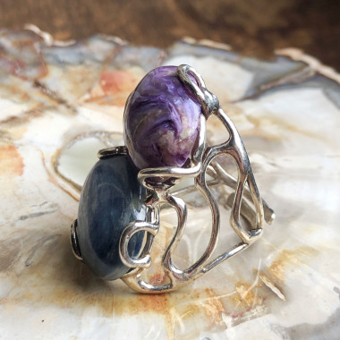 Bague ajustable argent 925 et pierre cyanite et charoïte