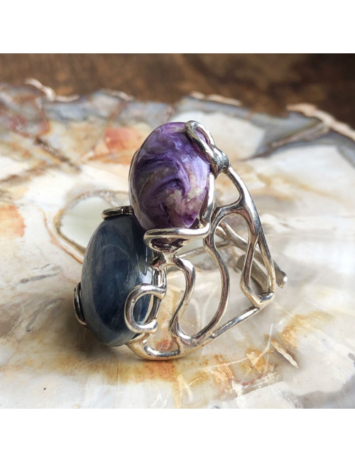 Bague ajustable argent 925 et pierre cyanite et charoïte