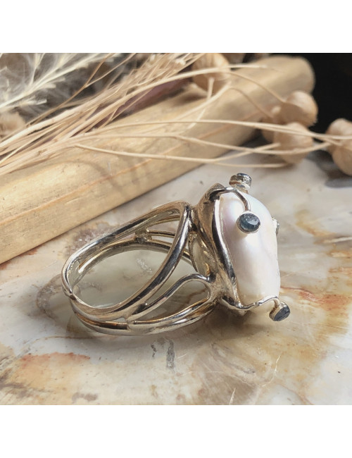 Bague ajustable en argent avec perles d'eau douce "Biwa"